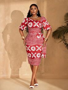 Lunelith SHEIN Lunessa 女士时尚条纹字母印花夏季连衣裙 - 紅色 - 查看 1