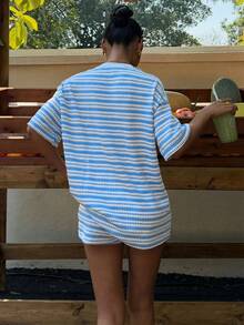Muchica Women's Blue And White Striped Round Neck Short Sleeve T-Shirt - Blue and White - View 2