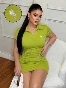 SHEIN SXY 休闲商务翻领刺绣连衣裙 - 綠色 - 查看 5
