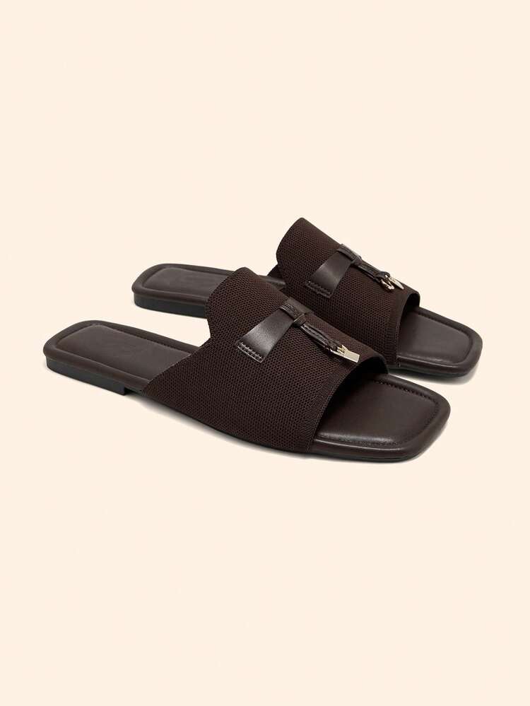 CUCCOO BASICS Women Shoes Square Toe Flat Bottom Brown Knitted Simple Comfortable Breathable Women's Fashion Flat Sandals Slippers Daily Versatile Commuter Women's Slippers Summer Shoes