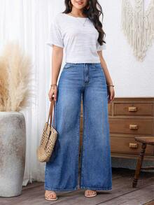 SHEIN PETITE 直筒宽松休闲百搭日常女式牛仔裤 - 淺色水洗藍 - 查看 7