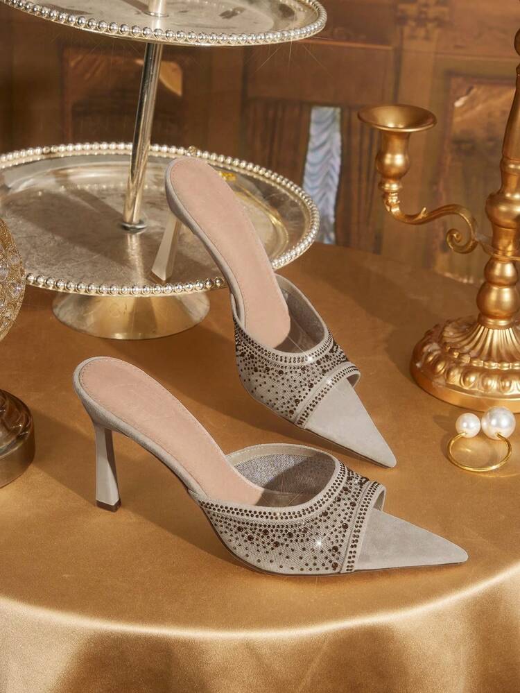 CUCCOO TILAWA Women's Pointed Toe High Heel Shoes, Rhinestone Decor Mesh Material, Fashion Comfortable For Daily, Party, Banquet, Slip-On Backless Sandals
