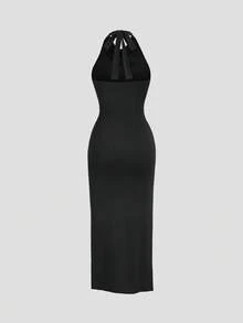 Sweetra 女士简约时尚垂褶领带露背开衩修身针织优雅连衣裙，春夏款 - 黑色 - 查看 2