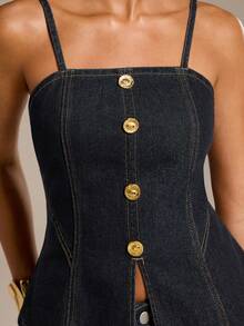 Normani Áo hai dây denim xẻ tà cài cúc phía trước thời trang mùa hè dành cho nữ - Rửa tối - Xem 3