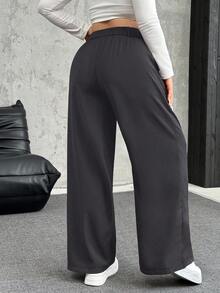 SHEIN EZwear Große Größen Lose Plissee Weite Bein Lässig Hose, Einfarbig Dunkelgrau, Herbst/Winter - Dunkelgrau - Übersicht 3