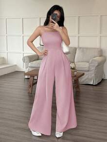 2026 Mono de pierna ancha holgado con pliegues plegados de unicolor para uso casual y diario de verano para mujeres - Rosa - Ver 4