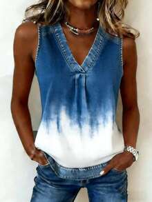 EMERY ROSE New Arrival Ombre Denim Effect Print Regular Fit Women Top - Blue and White - View 3