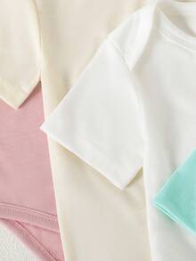 SHEIN Playful Pals 5件套女婴柔软舒适圆领纯色连体衣，时尚休闲日常穿着，易于穿脱，适合春夏穿着 - 彩色 - 查看 9
