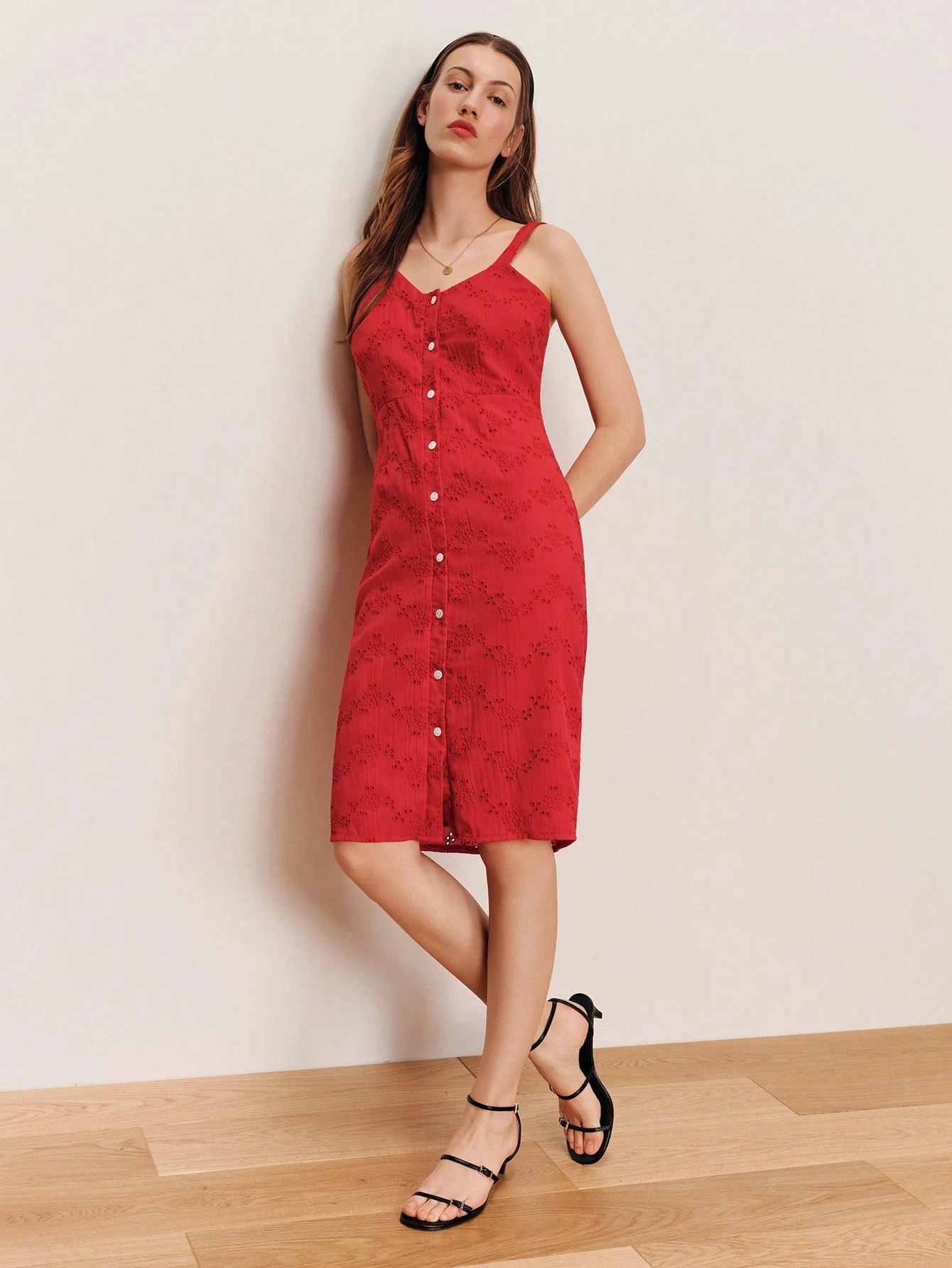 Red Embroidered Midi Dress With Front Placket Spring Summer Vacation Dress Red Holiday Dress Festival Dress French Style Parisian Style