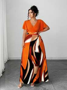 o redondo, estampado geométrico irregular, colorido, elegante, de alta gama, de estilo casual, de viaje, de vacaciones en la playa, bohemio, para mujer de talla grande, para primavera/verano - Naranja - Ver 4