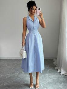 Elenzga Robe rayée élégante et décontractée pour femmes - Bleu azur - Voir 6