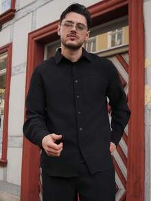 LEOGASHI LEOGASHI Men's Solid Color Casual Long Sleeve Shirt, Fall - Black - View 4