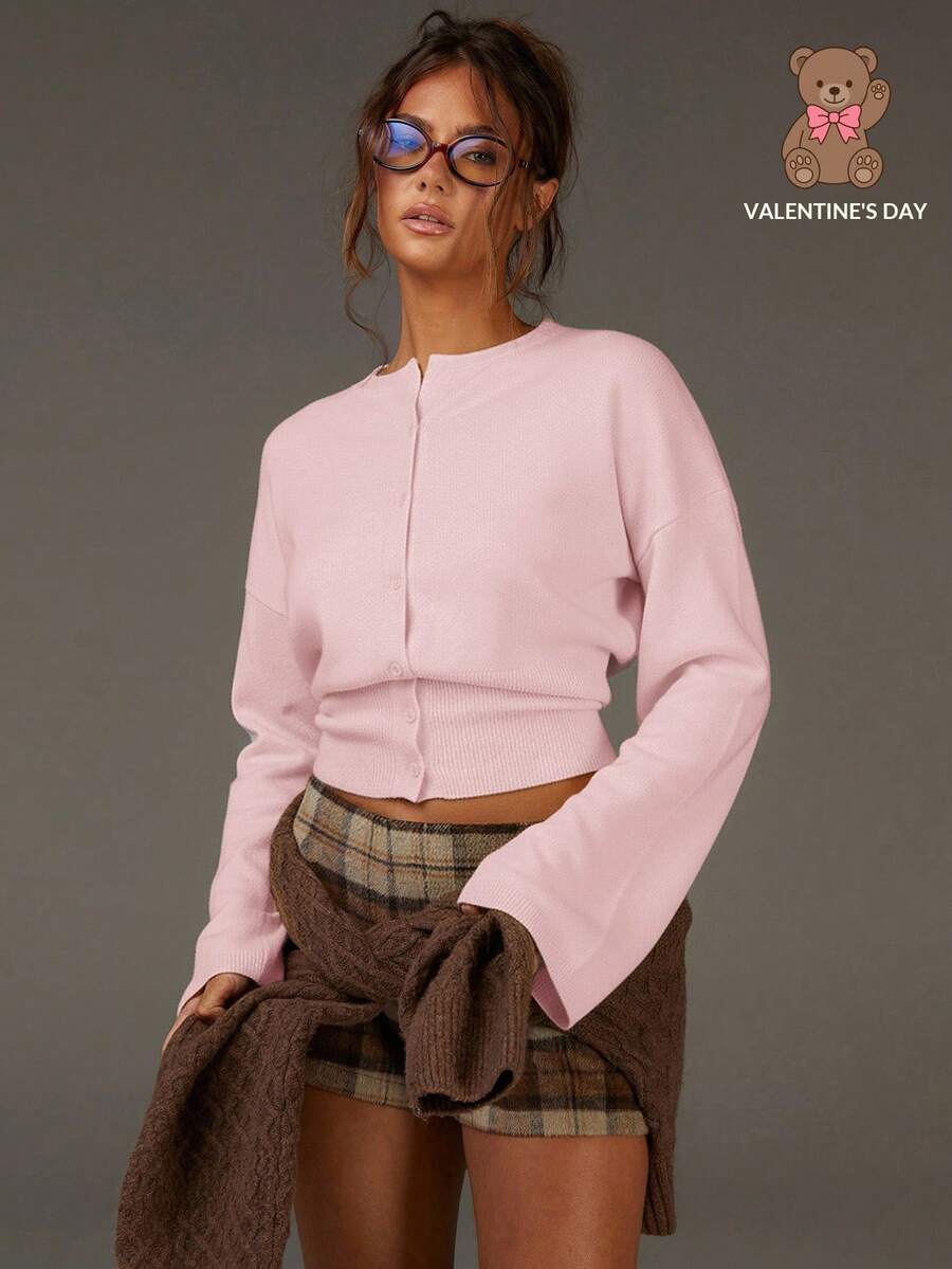 Athîral Cárdigan casual de mujer con cintura ceñida de unicolor - Rosa Pálido - Ver 1