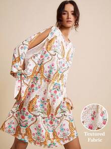 LOTSLUV Women's White Floral Tiger & Tropical Print Round Neck Short Sleeve Drawstring Loose Dress,Boho Autumn Tea Party Holiday Resort Leopard Scarf Dress - White - View 3