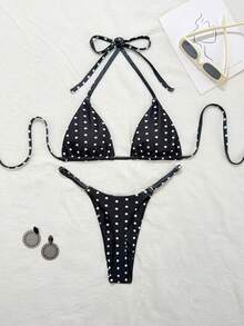 Swim Mod 2pcs Polka Dot Print Sexy Bikini Set, Micro Triangle Briefs, Summer - Black and White - View 2
