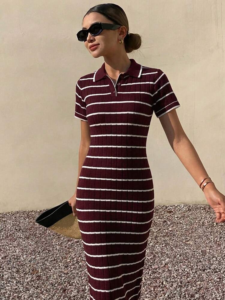 Women's Elegant Turndown Collar Colorblock Striped Knit Dress, Summer