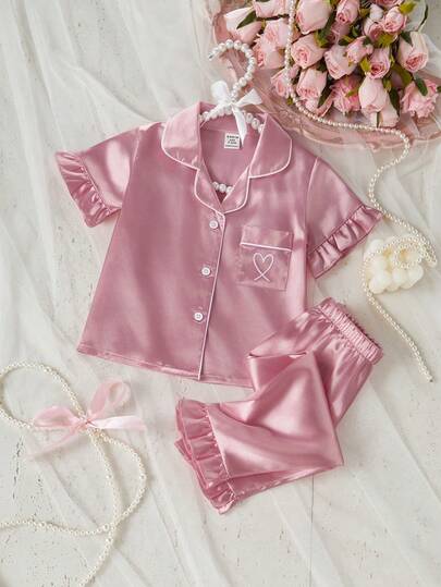 Baby Girls' Colorful Shorts & Long Pants 2pcs Set With Bow Embroidery And Ruffle Hem, Spring/Summer Home Outfit