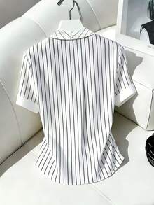 Franclia Women's Simple Casual Striped Short-Sleeve Side-Tie Casual Shirt   Summer  Summer Shirt  Summer Outfits   Summer Clothes   Elegant Shirt For Women   Elegant Shirt Women    Elegant Women's Shirt   Casual Shirt For Women   Casual Shirt   Casual Women's Shirt   Striped Shirt  Black And White Striped Shirt - Black and White - View 2