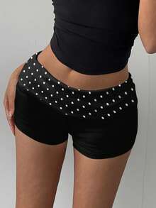 SHEIN BASICS 休閒簡約優雅通勤百搭保暖黑白圓點拼接運動長褲 - 彩色 - 查看 4