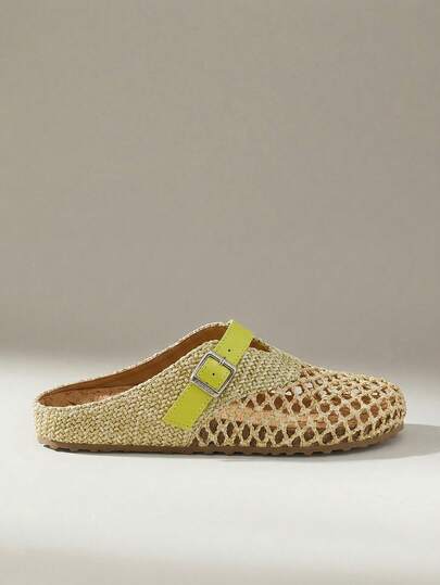 Solecia Women Shoes Spring And Summer New Woven Mat Net, Splicing With Decoration, Round Toe Design, Slip-On Heel, Comfortable And Simple Vacation, Women's Flat Shoes, Essential For Commuting, Casual Versatile, Dating Travel, Afternoon Tea
