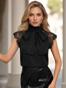 Editum Women's Elegant Contrast Lace Twist Collar Camisole Women Elegant Outfits Blouse For Women Elegant Classy Women's Tops And Blouses Work Blouses Blouse For Women Formal Attire Bow Tops For Women Women's Tops And Blouses - Black - View 3
