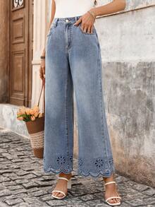 Breezaya 女士休闲日常水洗镂空刺绣喇叭牛仔裤 - 藍色 - 查看 3