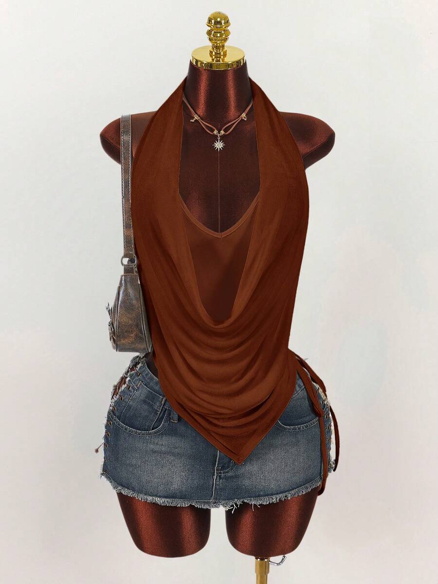 Amplova Áo kiểu nữ hai lớp cổ xếp ly, vạt áo bất đối xứng và nhún bèo bên hông. - Cà phê nâu - Xem 1