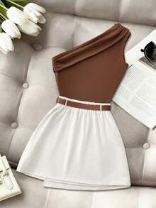 GlowEve CURVE 2pcs Set, Metal Accessory Top + Stylish Mini Skirt, Suitable For Commuting, Casual Wear, And Afternoon Tea - Multicolor - View 2