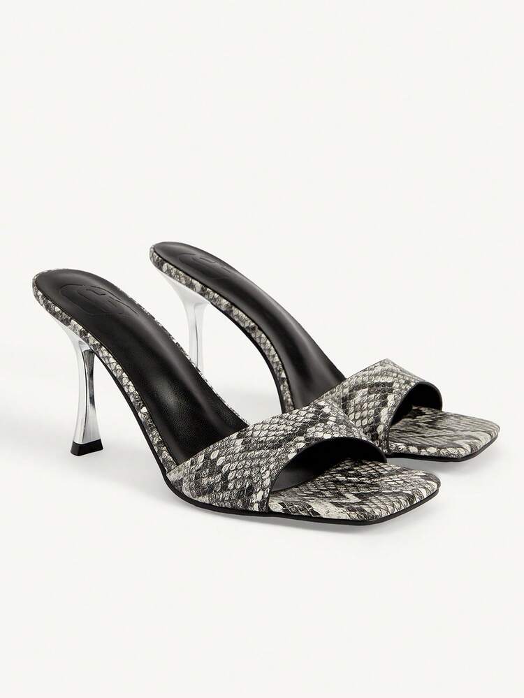 CUCCOO CHICEST Women's High-Heeled Sandals, Gray-White Snake-Pattern Square Toe Stiletto Mule Traps, Fashion Sandals, Retro Wild Date Party High-Heeled Slippers
