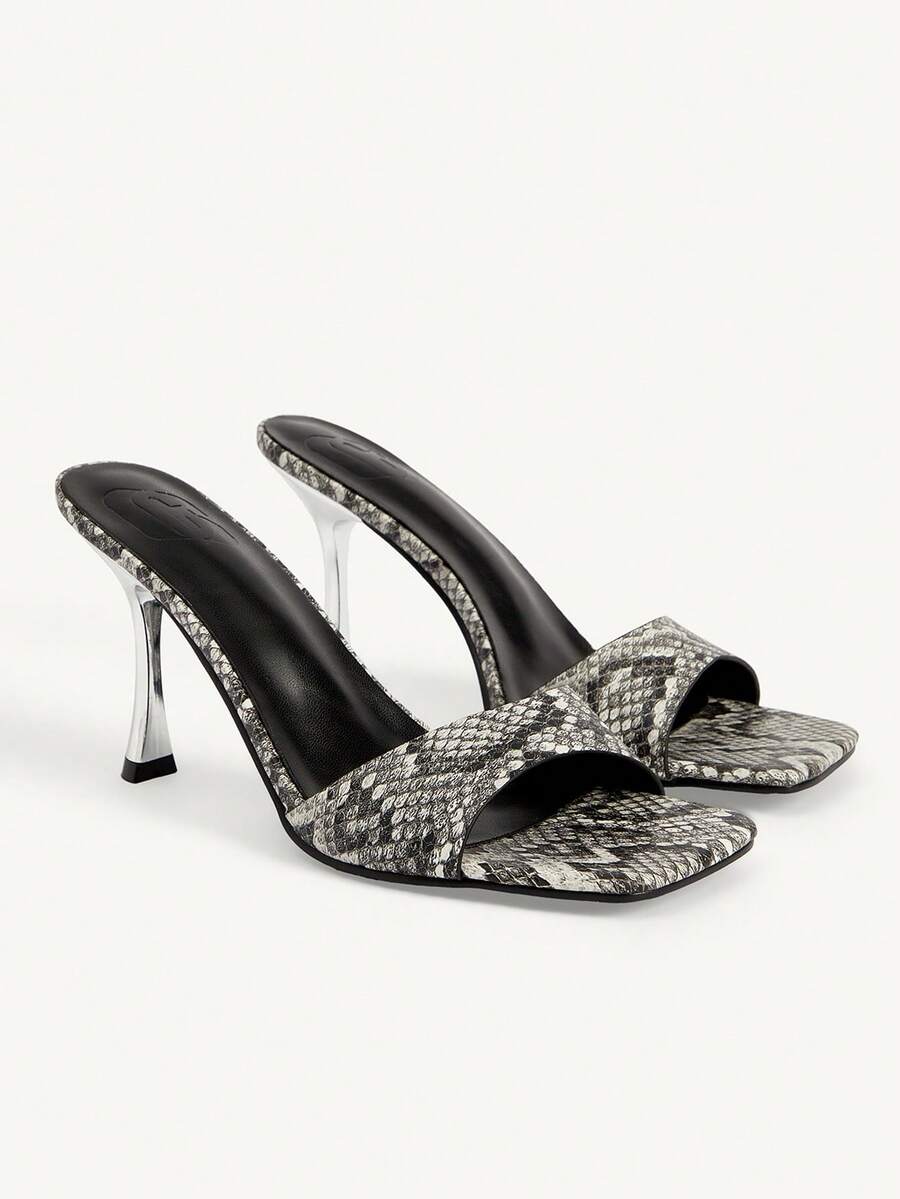 CUCCOO CHICEST Giày sandal cao gót nữ, họa tiết da rắn màu xám trắng, mũi vuông, kiểu dáng mule trap, sandal thời trang, dép cao gót phong cách retro cá tính cho các buổi hẹn hò và tiệc tùng. - Xám - Xem 1