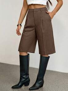 SHEIN Tall Spring Simple Commuting Gray Bermuda Women Shorts Suit - Brown - View 6