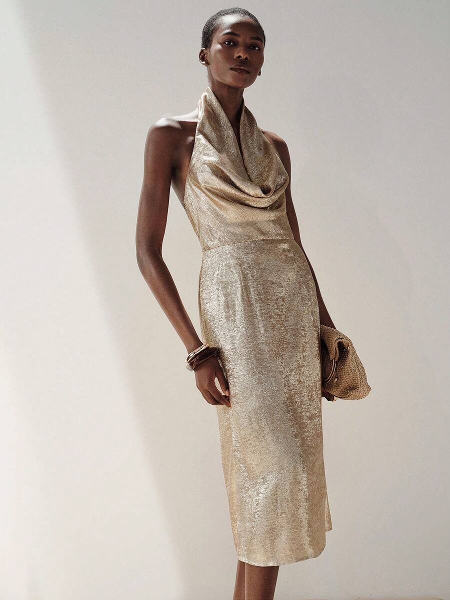 Aveloria Modichic European And American Style Spring/Summer New Fashionable Versatile Gold Foil Special Fabric Plunging Neck Waist Cinched Long Sleeveless Dress - Gold - View 1