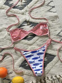 Swim Mod Bộ 2 món gồm áo bikini hai mặt in họa tiết kiểu yếm và quần bikini cạp cao, đồ bơi gợi cảm, thích hợp cho mùa xuân/hè. - Nhiều màu - Xem 2