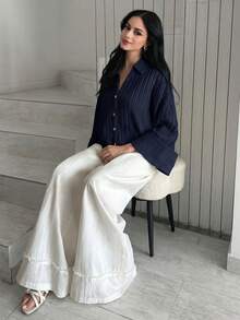 Modelyn Camisa de manga larga de unicolor minimalista para mujer, uso casual de todos los días - Azul Marino - Ver 4