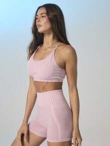SHEIN Aralina-E 罗纹无缝露背吊带短款上衣高腰塑形运动套装女夏季服装健身骑行短裤 - 粉色 - 查看 6