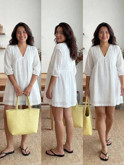 Enliva Plus Size Women Eyelet Embroidered Short Loose Dress Boho White Dress, For Apple And Rounded Body Shape, For Summer