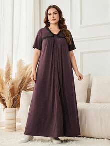 Lacomfia V-Neck Casual Everyday Fashion Minimalist Gray Loose Fit Long Dress With Knit Patchwork Lace Trim Button Decor, Plus Size - Red - View 5
