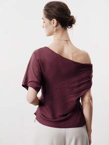 Aalyst Women's Solid Color Asymmetric Shoulder Exposed Shoulder Asymmetrical Neckline Short Sleeve Waist Metal Buckle Decor Tie Blouse, Elegant French Retro Formal Office Commute Casual Holiday Afternoon Tea Street Style Minimalist Versatile, Spring/Summer New Arrival Women's Tops And Blouses Women's Short Sleeve Tops Blouse With Garterized Waist For Women Women's Tops - Maroon - View 2