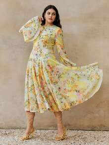 Plus Size Women Long Sleeve Flared Elegant Spring/Summer Dress, Vacation Dress - Yellow - View 5