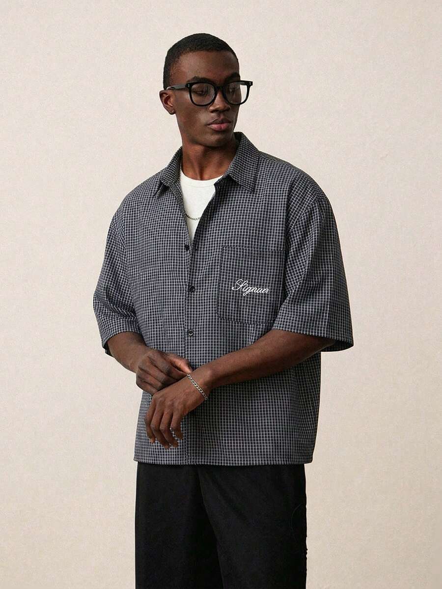STYNVO 男士字母格纹印花短袖单排扣休闲口袋衬衫 - 藏蓝色 - 查看 1