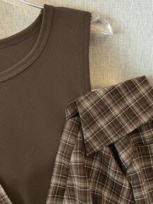 SHEIN Franclia Áo sơ mi nữ tay dài trễ vai thanh lịch kiểu vintage đa năng - màu nâu - Xem 4