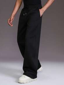 STYNVO Plus Size Men's Solid Color Drawstring Waist Pocket Wide Leg Sweatpants - Black - View 5