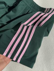 SHEIN Comfortcana Plus Size Casual Sports Style Retro American College Ribbed Shorts Shorts With Stripes Green Festival Athletic Shorts Casual Shorts For Women Green Shorts Women Shorts Teal - Green - View 5