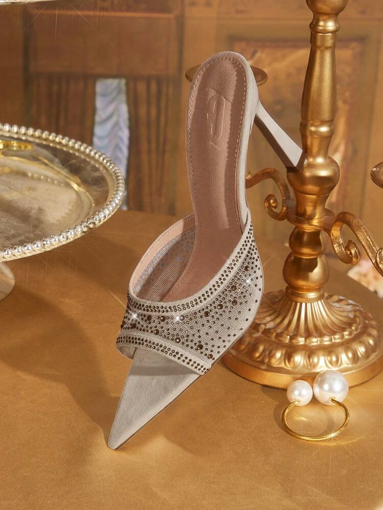 CUCCOO TILAWA Women's Pointed Toe High Heel Shoes, Rhinestone Decor Mesh Material, Fashion Comfortable For Daily, Party, Banquet, Slip-On Backless Sandals