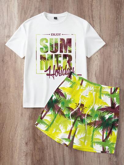 Manfinity Joysei 男士休闲度假棕榈树印花T恤短裤套装，适合夏季外出，可作为男友/老公礼物