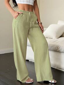 Women's Solid Color Wide-Leg Pants With Pockets And A Tie At The Waist - Limelight Green - View 6