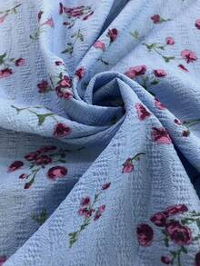 SHEIN LUNE 大码女式无袖拼接荷叶边下摆简约V领条纹印花刺绣休闲连衣裙，前襟纽扣闭合 - 彩色 - 查看 4