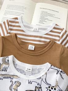 Playful Pals 6pcs/Set Newborn Baby Boy Basic Round Neck Elastic Waist Cute Animal Print & Striped Short Sleeve T-Shirt And Shorts Set, Summer - Khaki - View 3