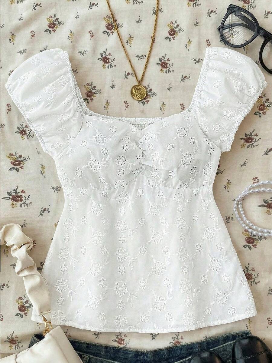 Teen Girl Summer New White Casual Vacation Embroidered Pleated A-Line Cute Blouse - White - View 1