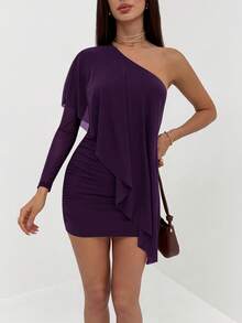 Vestido mini de un solo hombro de unicolor y sexy para mujer - Morado - Ver 6